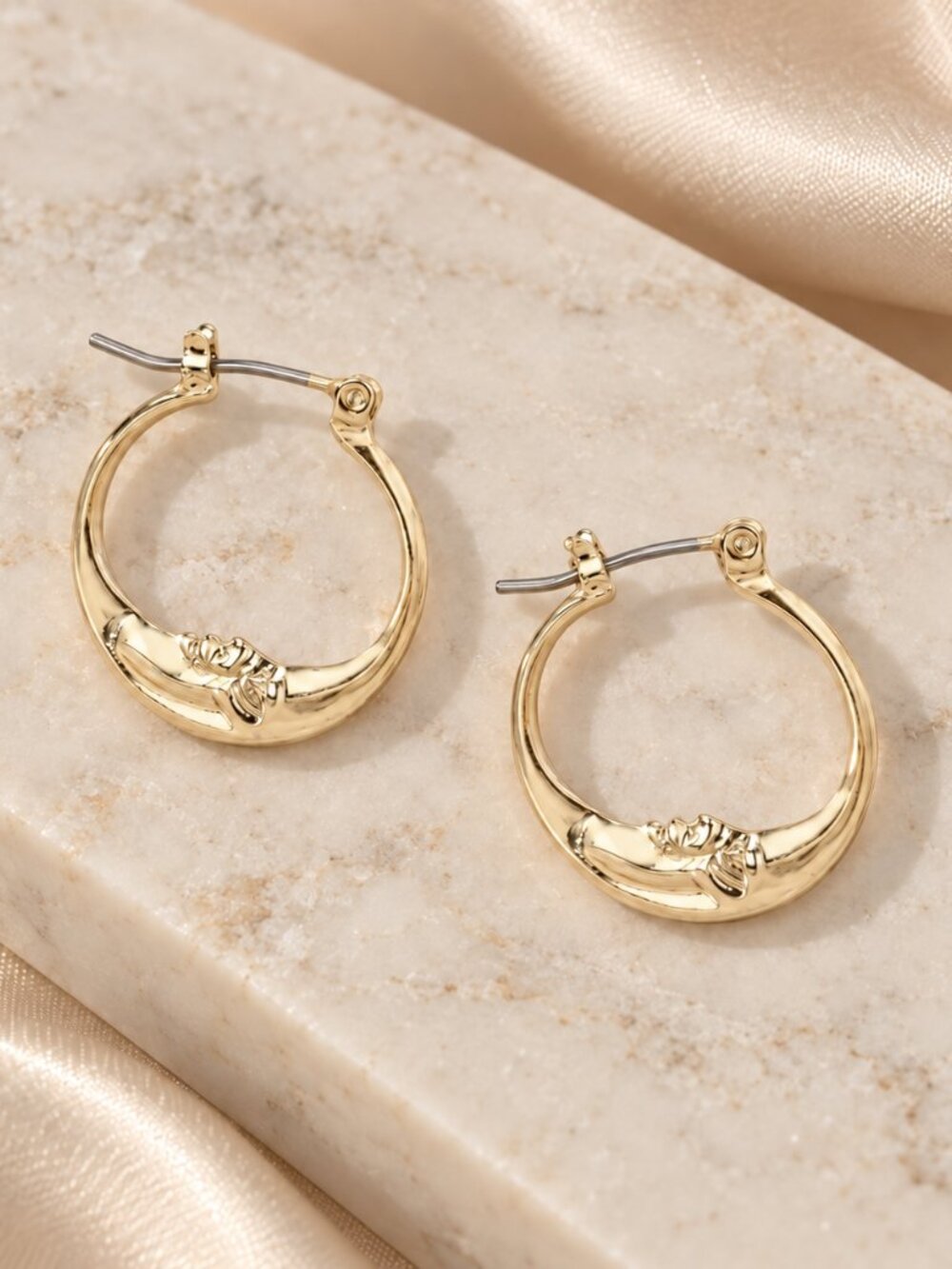 Gold Tone Crescent Moon Face Hoop Earrings Celestial Moon Child Jewelry NWT